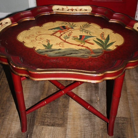 19th Century Scalloped Paper Mache Hand Painted Tray Bamboo Tea Table - Picture 13 of 16